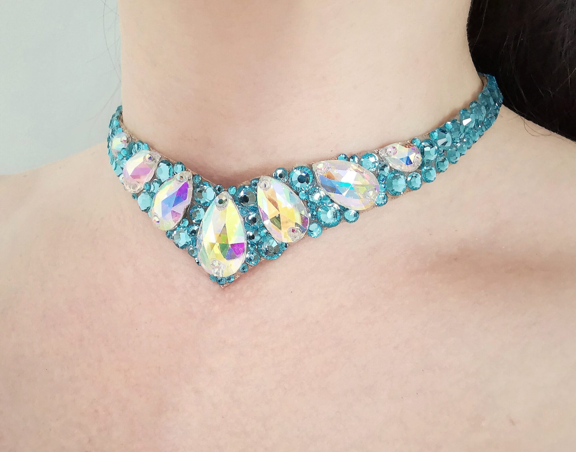 Ballroom competition necklace with blue aqua crystals